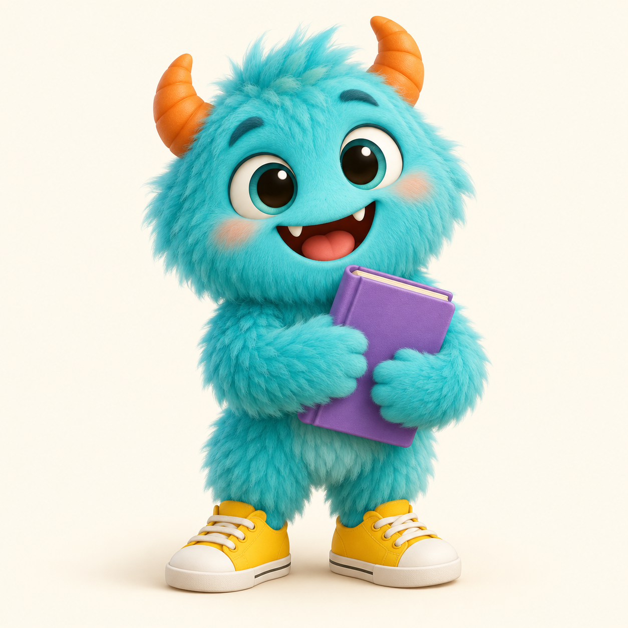 Vivi, a friendly turquoise learning buddy, holding a book